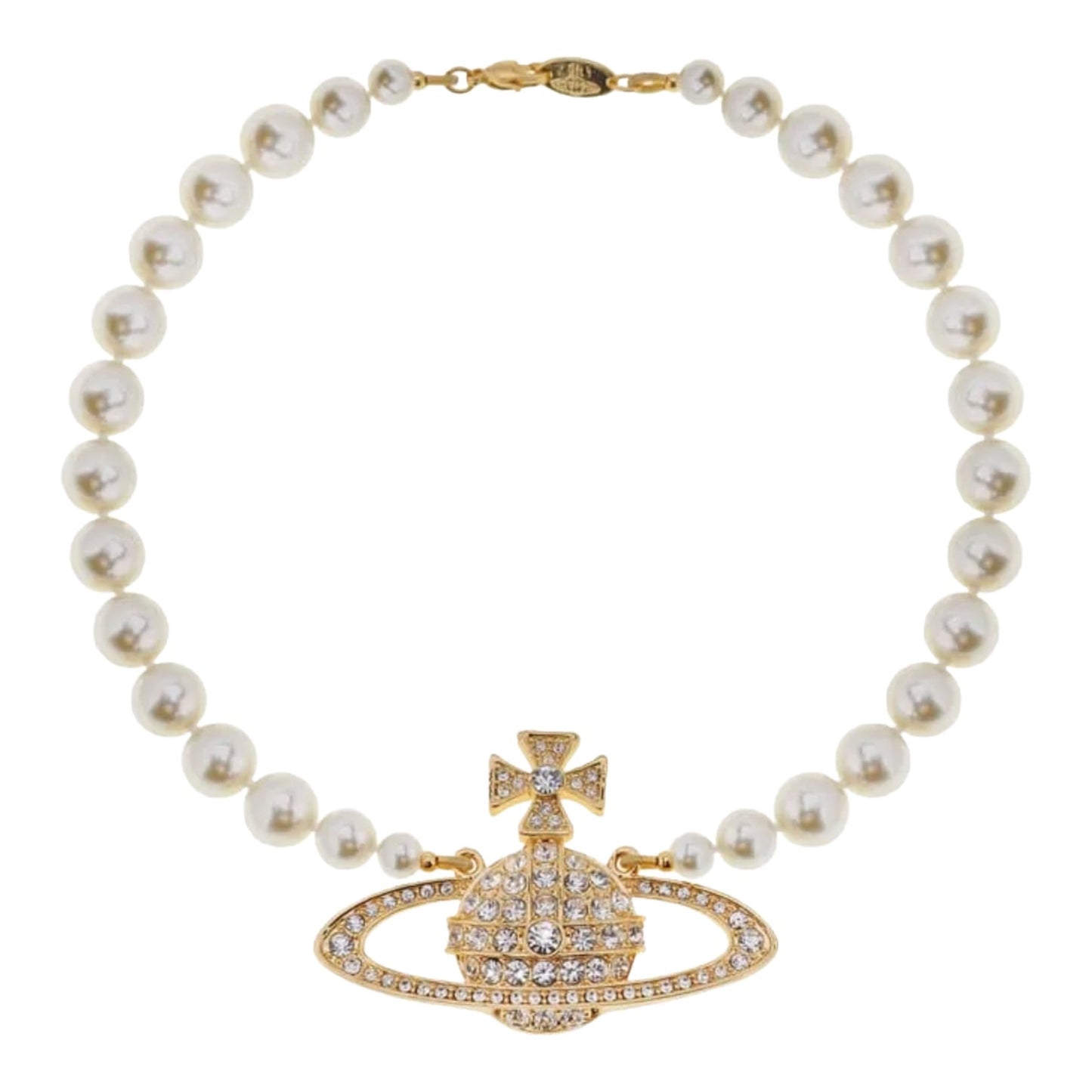 Large One Layer Full Diamond Saturn Pearl Necklace Short