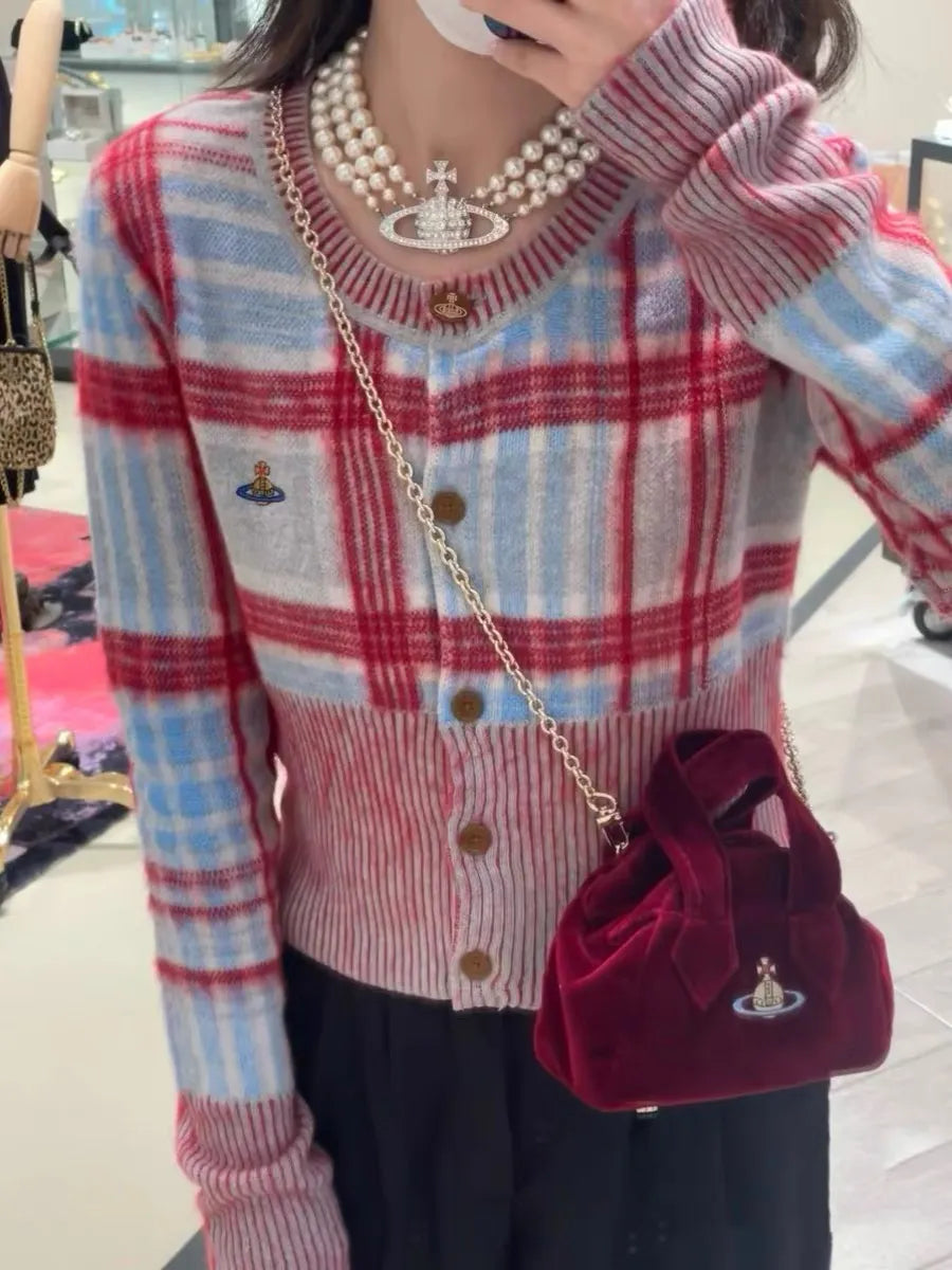 Plaid Knit Cropped Cardigan