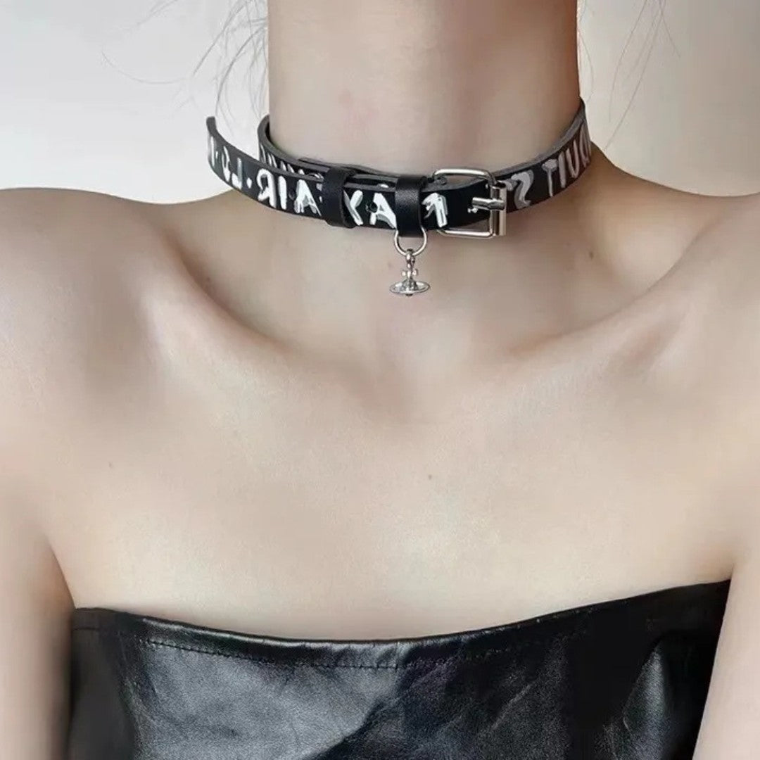 Graffiti-Print Leather Saturn Choker