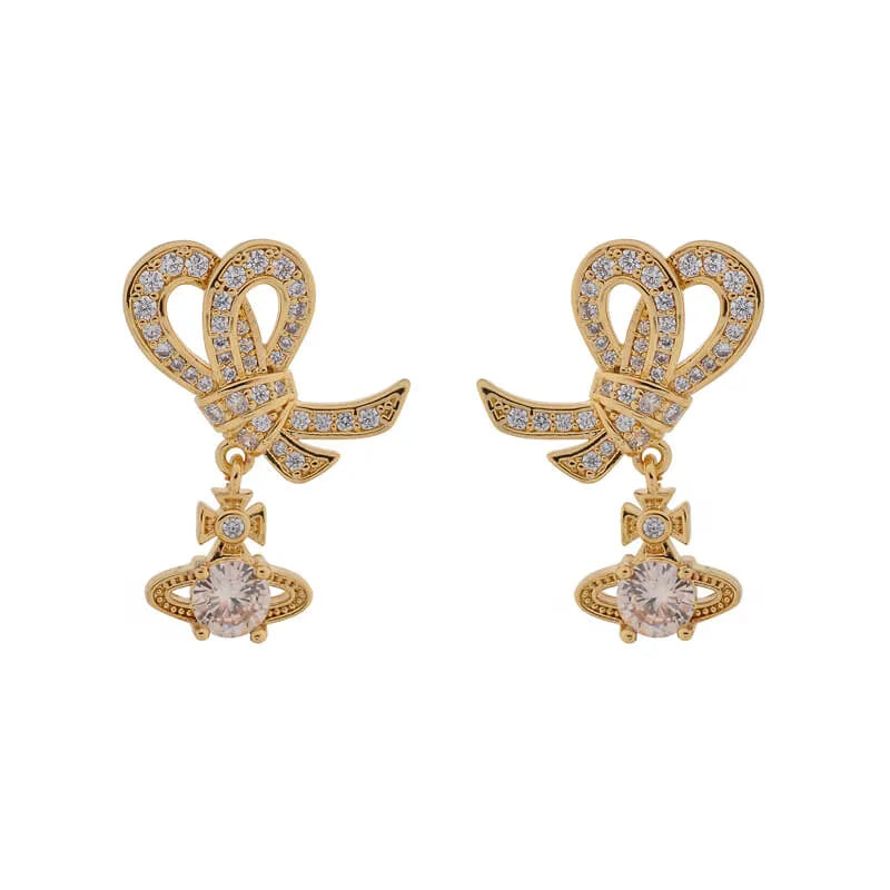 Bow & Four‑Prong Saturn Diamond Drop Earrings