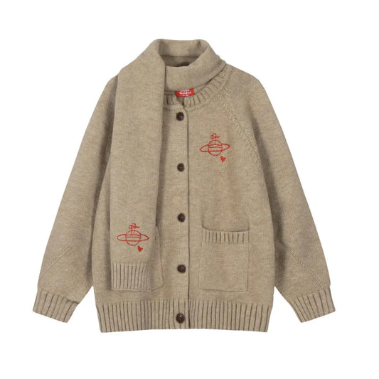 Embroidered Crest Cardigan with Matching Scarf