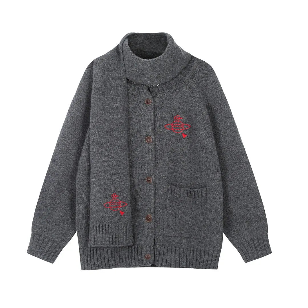 Embroidered Crest Cardigan with Matching Scarf