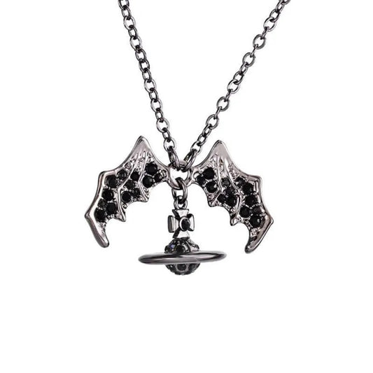 Gothic Bat Wings Saturn Necklace