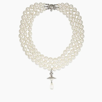 Triple-Layer Pearl Saturn Necklace with Teardrop Charm