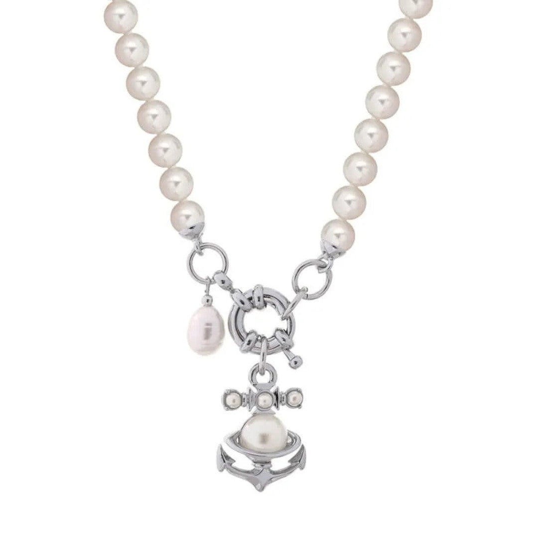 MARIALENA Nautical Pearl Necklace with Anchor & Orb Pendant