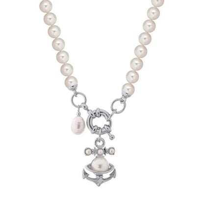 MARIALENA Nautical Pearl Necklace with Anchor & Orb Pendant