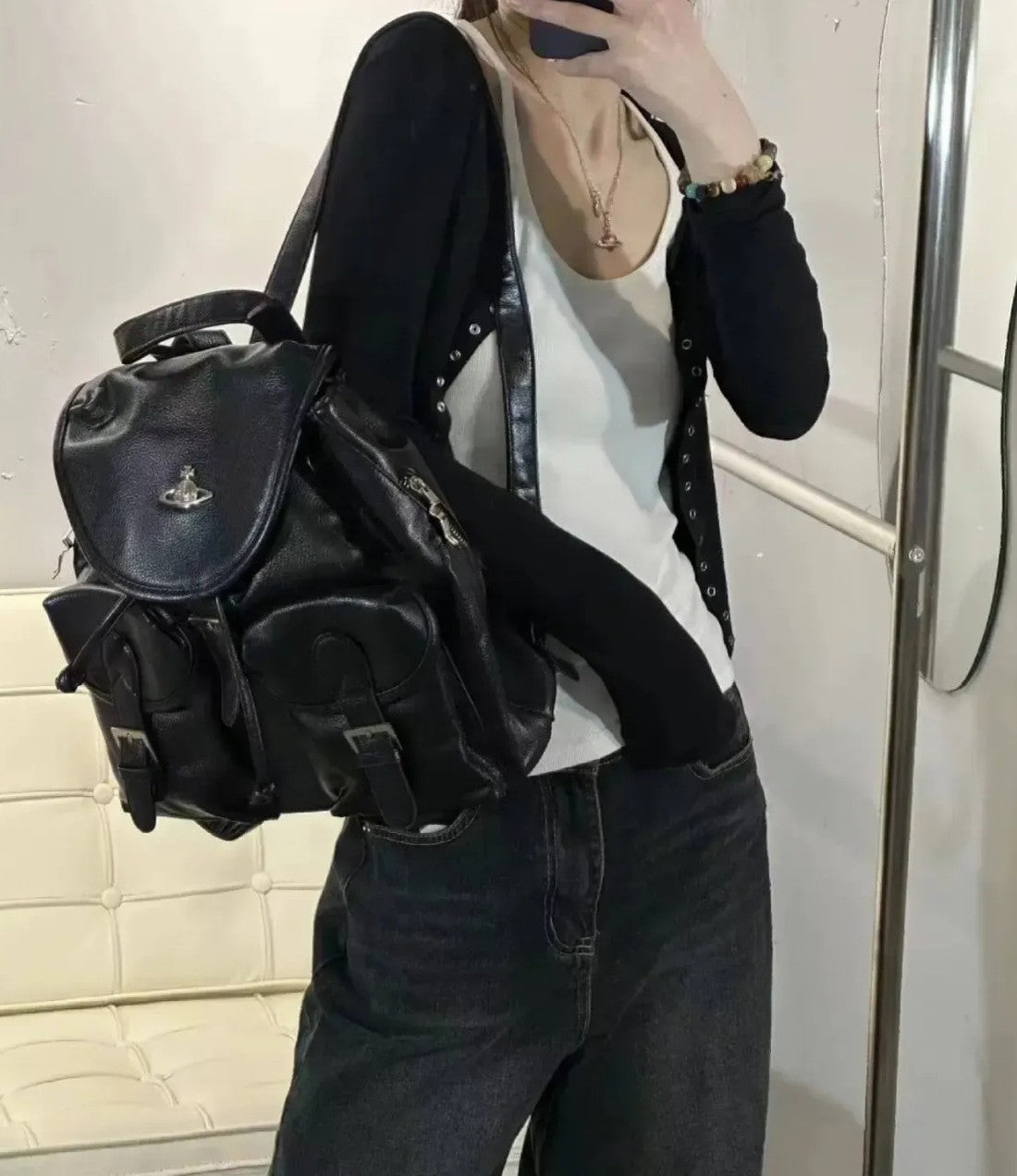 Vintage Leather Buckle Strap Backpack