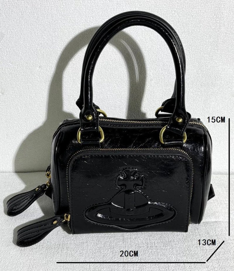 Structured Leather Boston Bag with Saturn Emblem