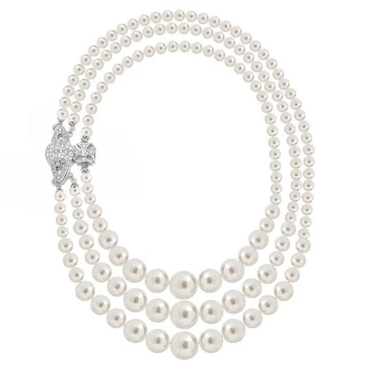 Regal Triple Strand Pearl Necklace with Embellished Orb Accent