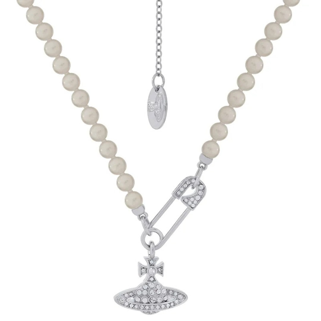 Full Diamond Saturn Pin Pearl Necklace