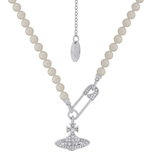 Full Diamond Saturn Pin Pearl Necklace
