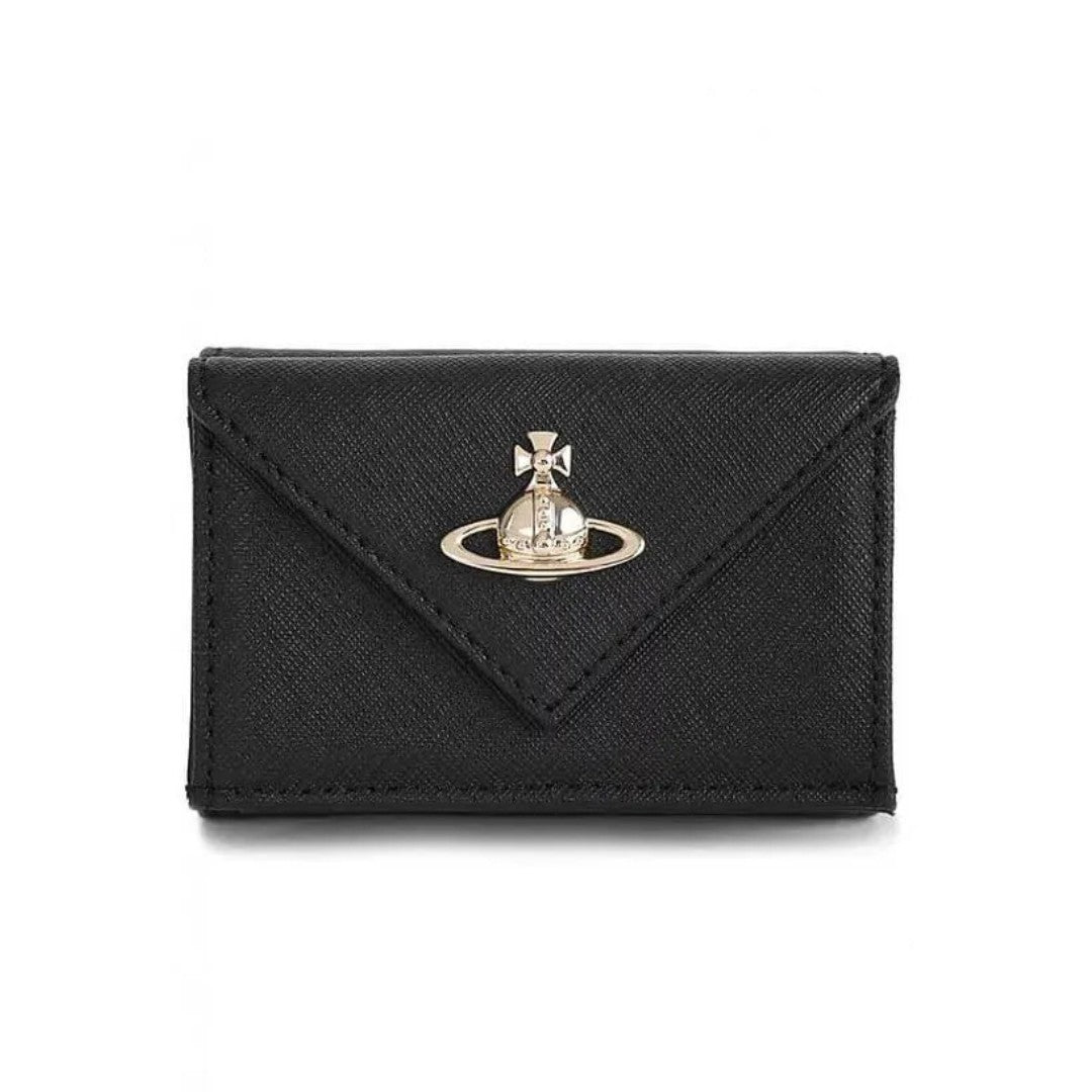 Envelope-Style Mini Leather Wallet with Metallic Emblem