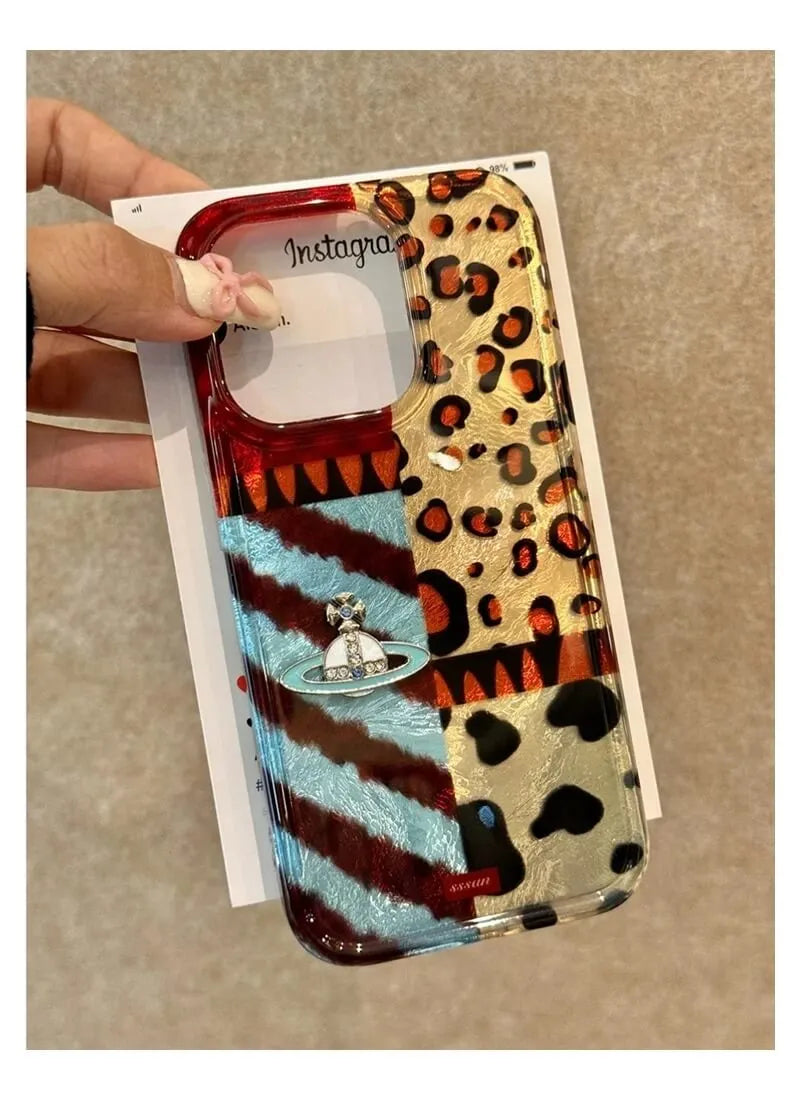 Leopard Stripe Patchwork Saturn Phone Case