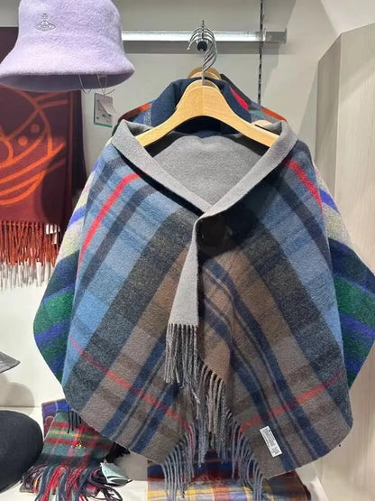 Reversible Plaid Button Poncho Cape