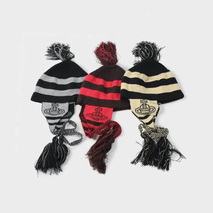  Bold Stripe Knit Tassel Beanie