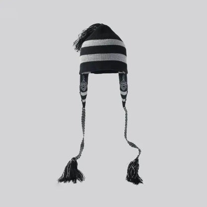  Bold Stripe Knit Tassel Beanie
