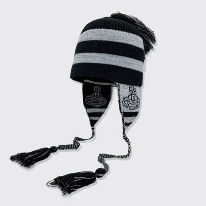  Bold Stripe Knit Tassel Beanie