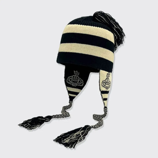  Bold Stripe Knit Tassel Beanie