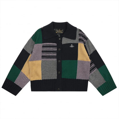  Colorblock Grid Knit Cardigan