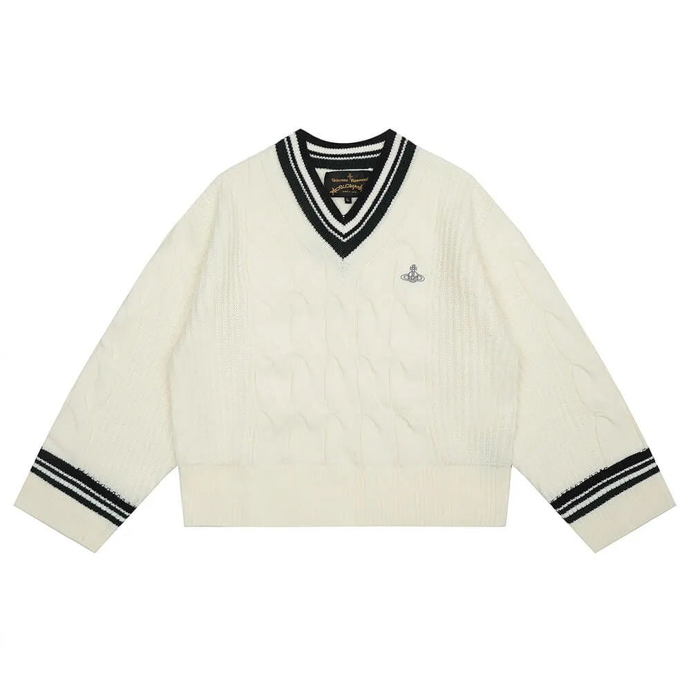 V-Neck Crest Cable Knit Sweater