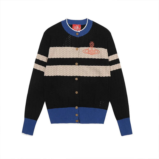 Striped Crewneck Knit Cardigan