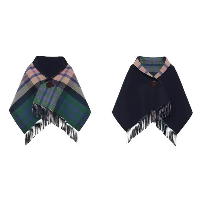 Reversible Plaid Button Poncho Cape