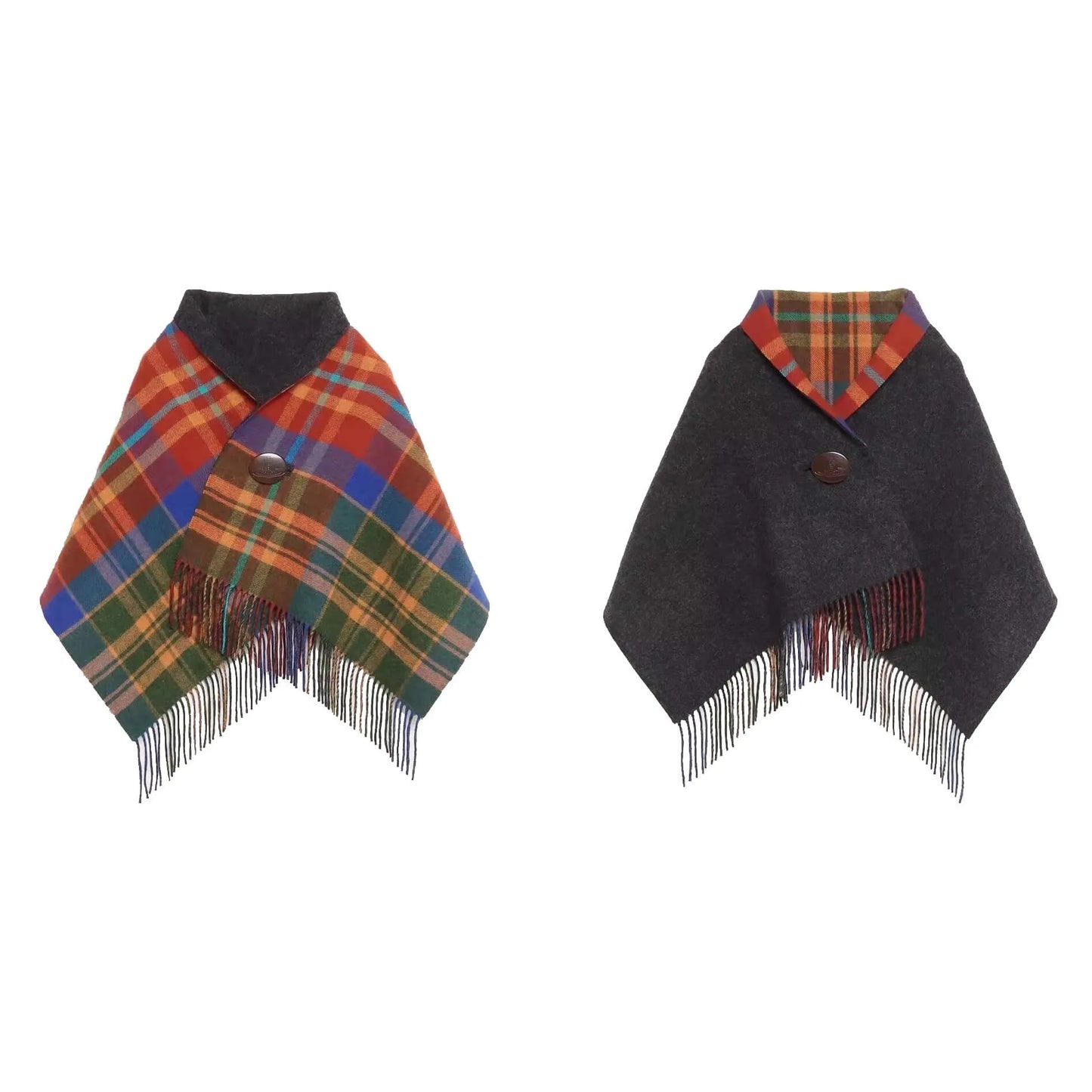 Reversible Plaid Button Poncho Cape