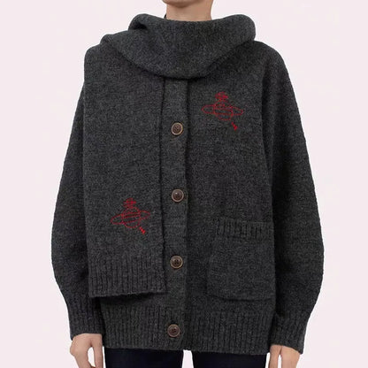 Embroidered Crest Cardigan with Matching Scarf