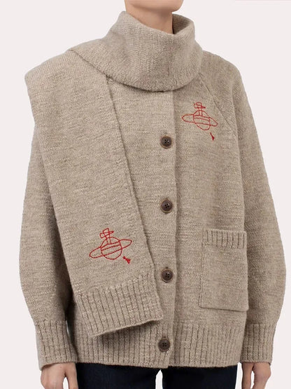Embroidered Crest Cardigan with Matching Scarf