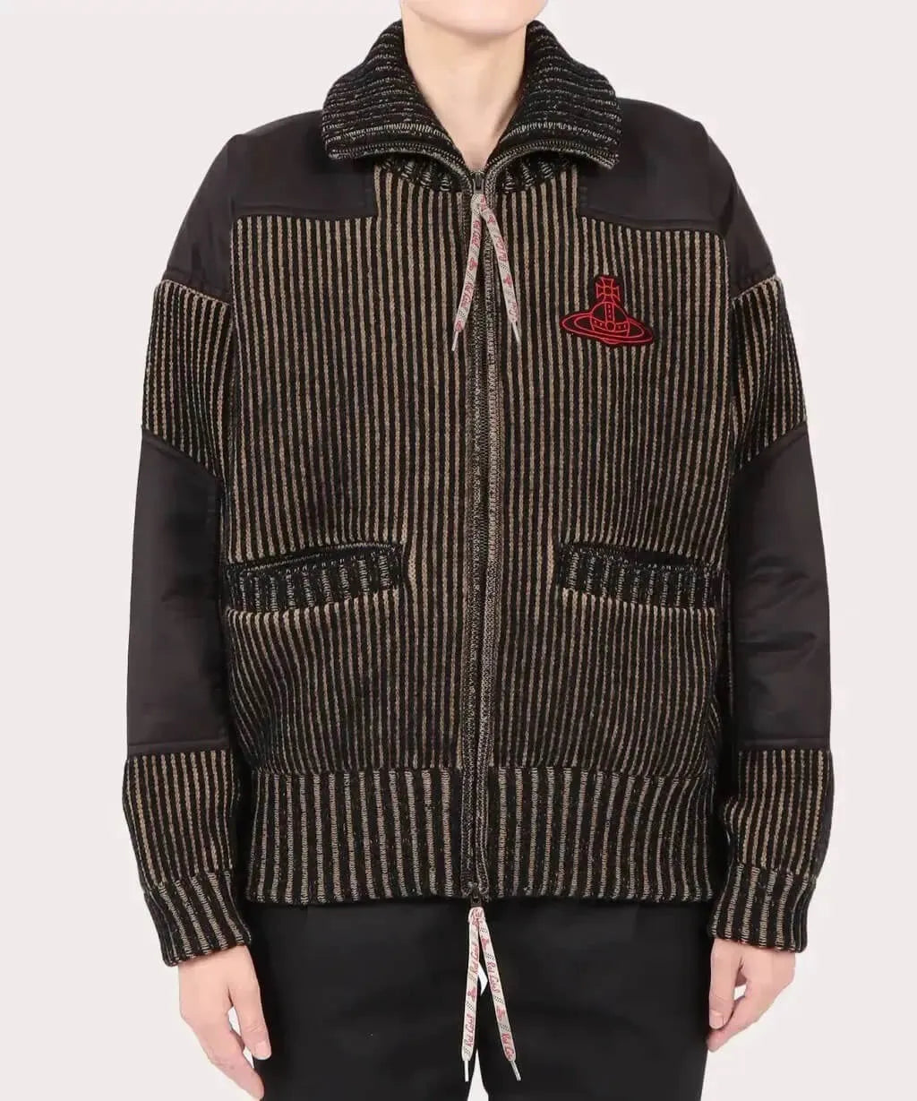  Striped Panel Zip-Up Cord Jacket