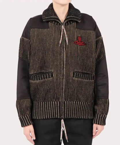  Striped Panel Zip-Up Cord Jacket