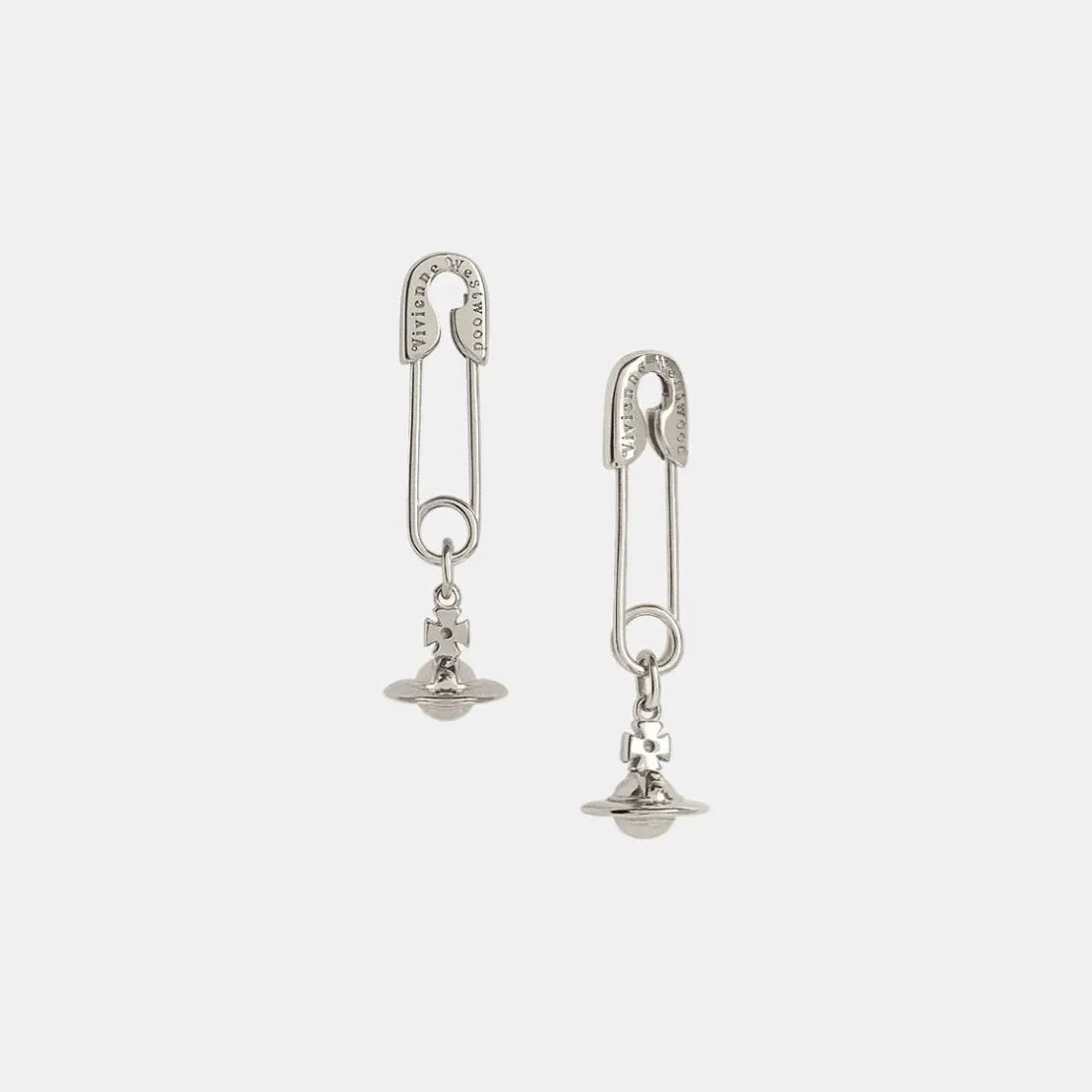 Silver Orb Safety Pin Drop Earrings