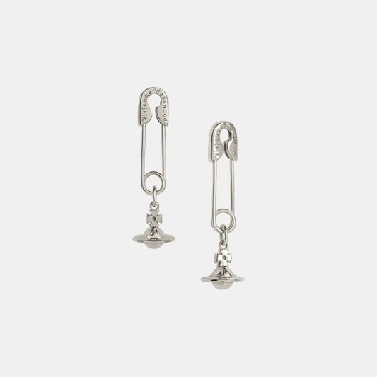 Silver Orb Safety Pin Drop Earrings