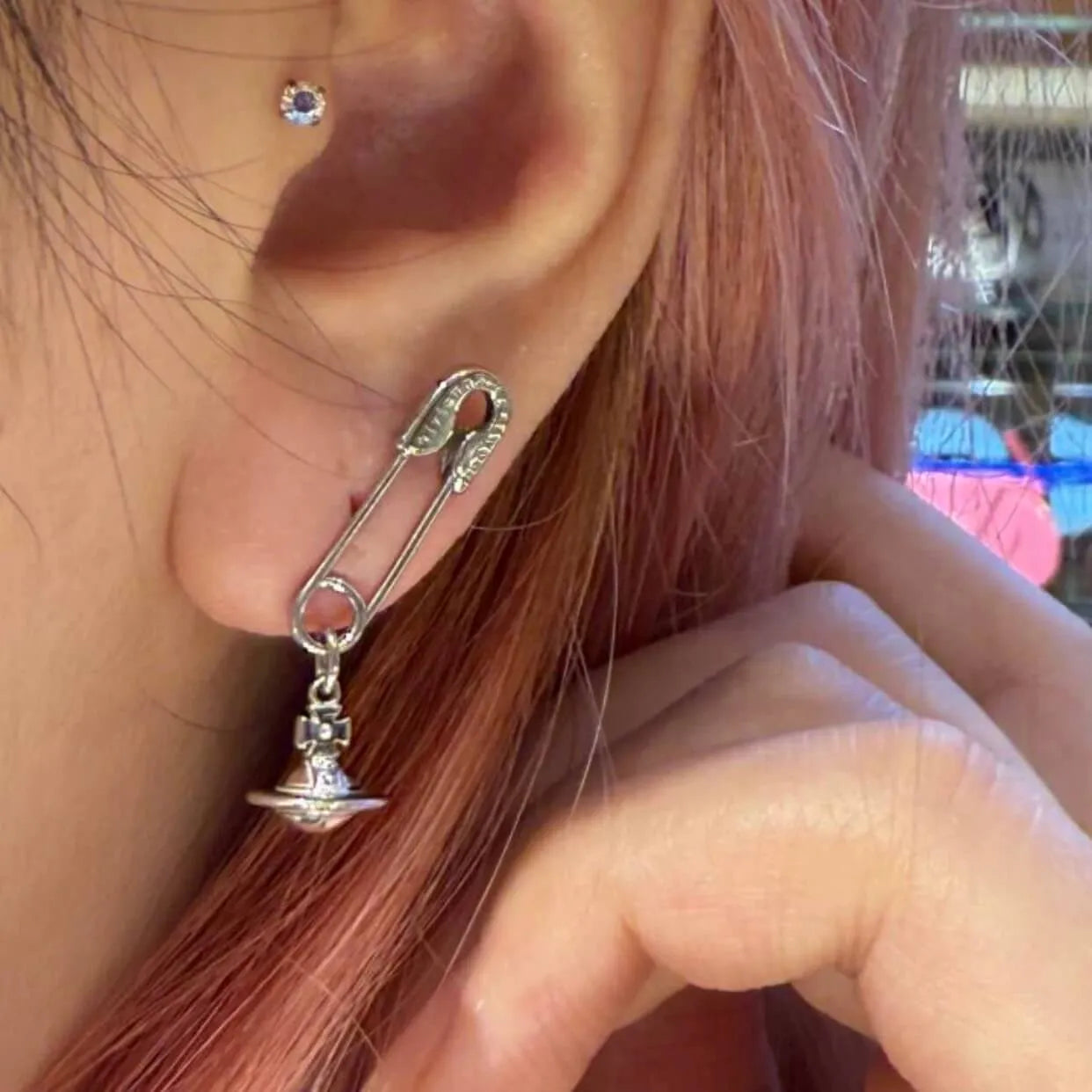 Silver Orb Safety Pin Drop Earrings