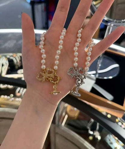 Pearl Bead Bow Charm Bracelet