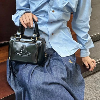 Structured Leather Boston Bag with Saturn Emblem