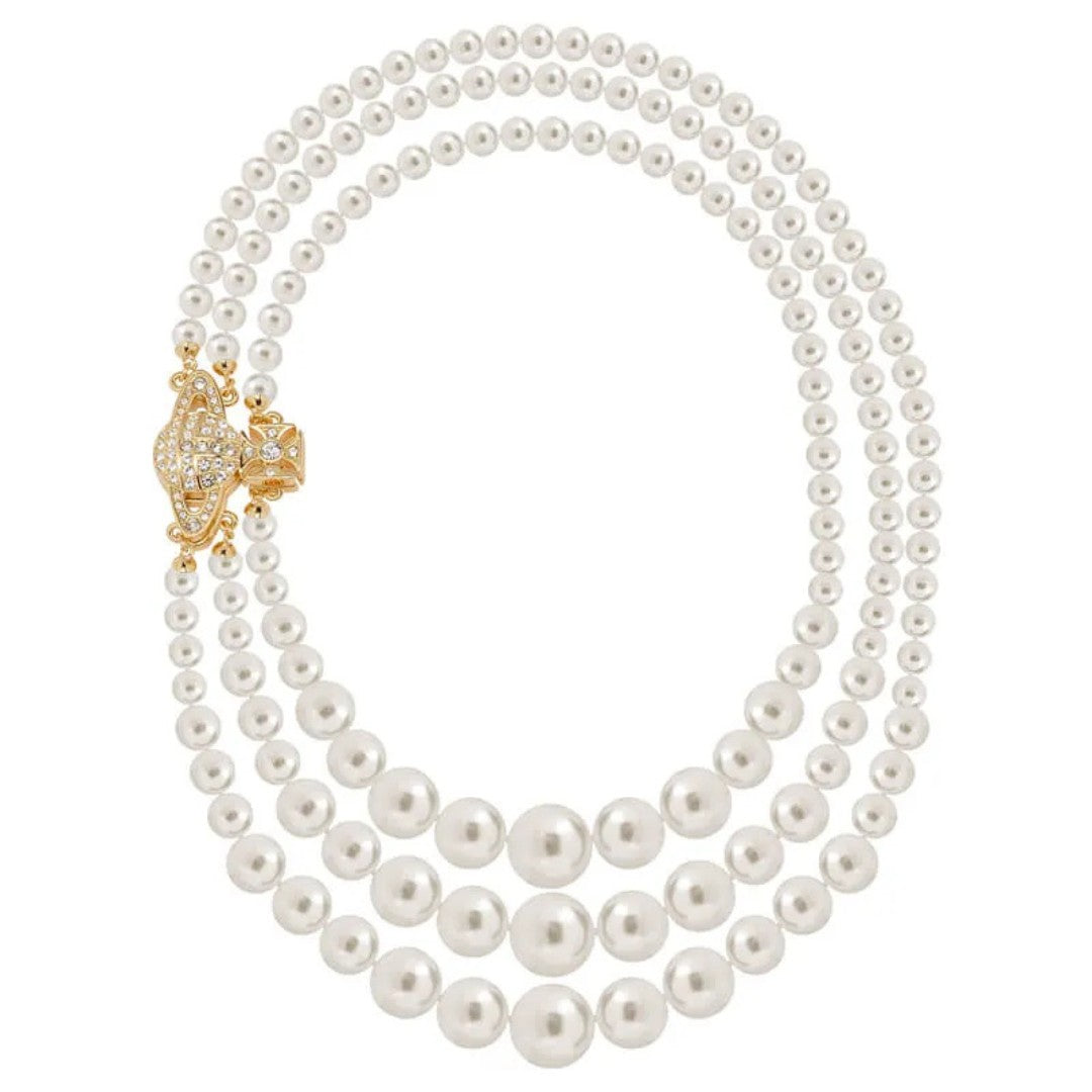 Regal Triple Strand Pearl Necklace with Embellished Orb Accent