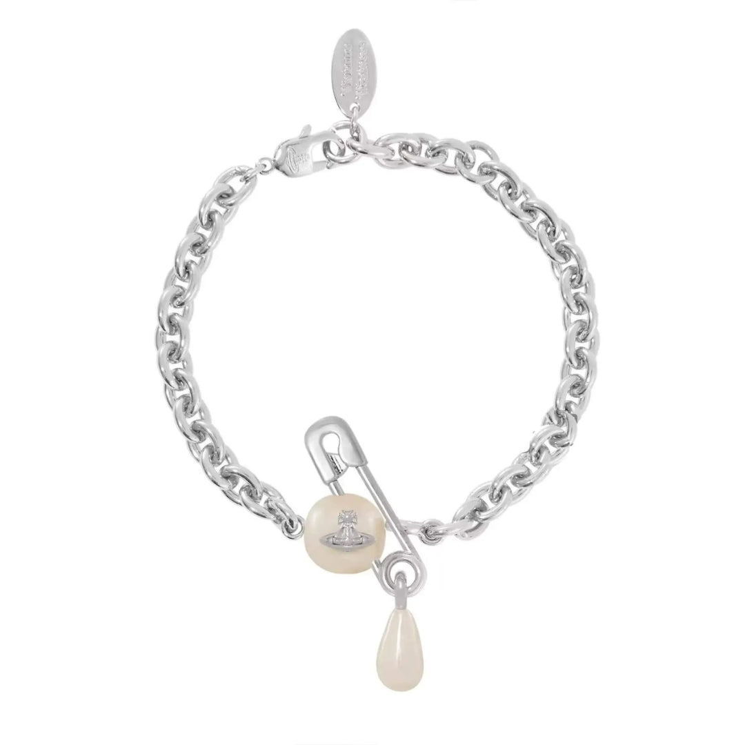 Pearl Drop Safety Pin Chain Bracelet (with Box)