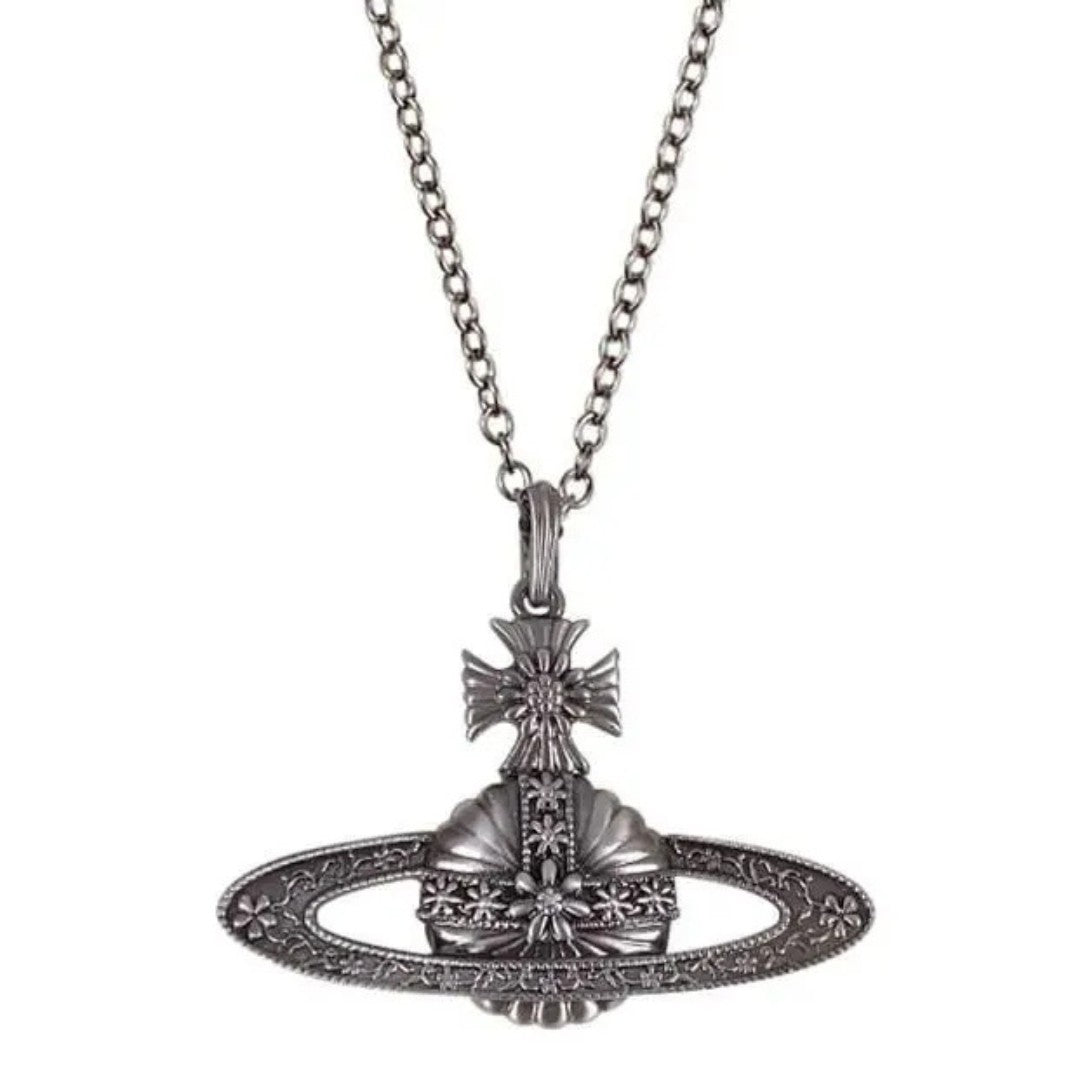 Antique Silver Carved Saturn Necklace