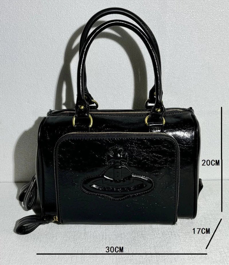 Structured Leather Boston Bag with Saturn Emblem