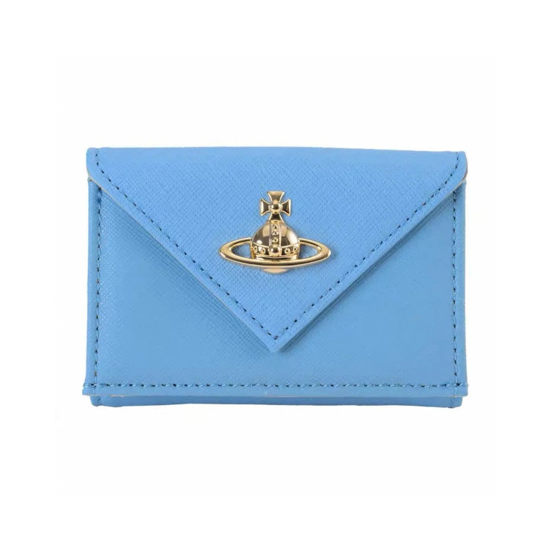 Envelope-Style Mini Leather Wallet with Metallic Emblem