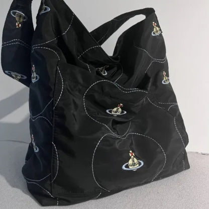 Embroidered Canvas Slouchy Shoulder Bag