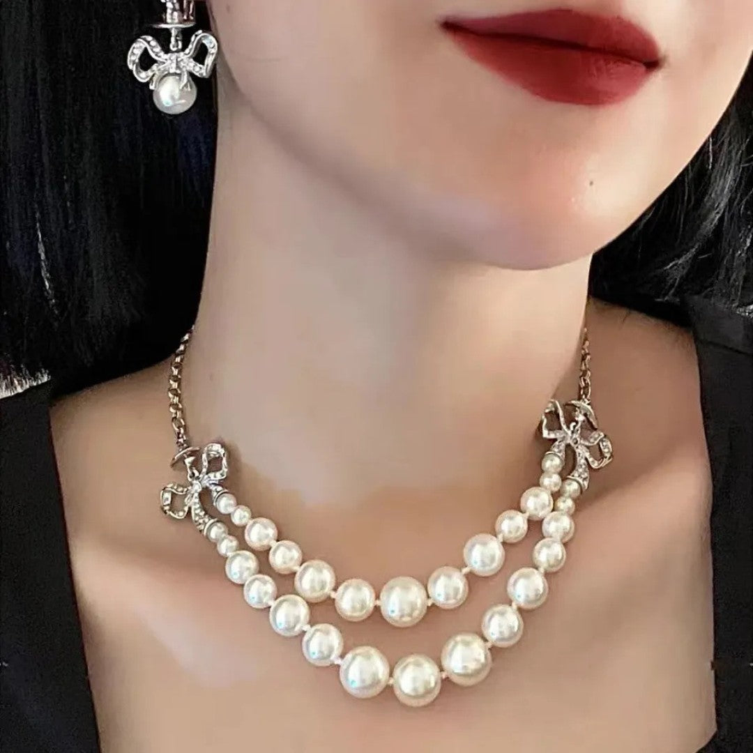 Double Ribbon Pearl Necklace