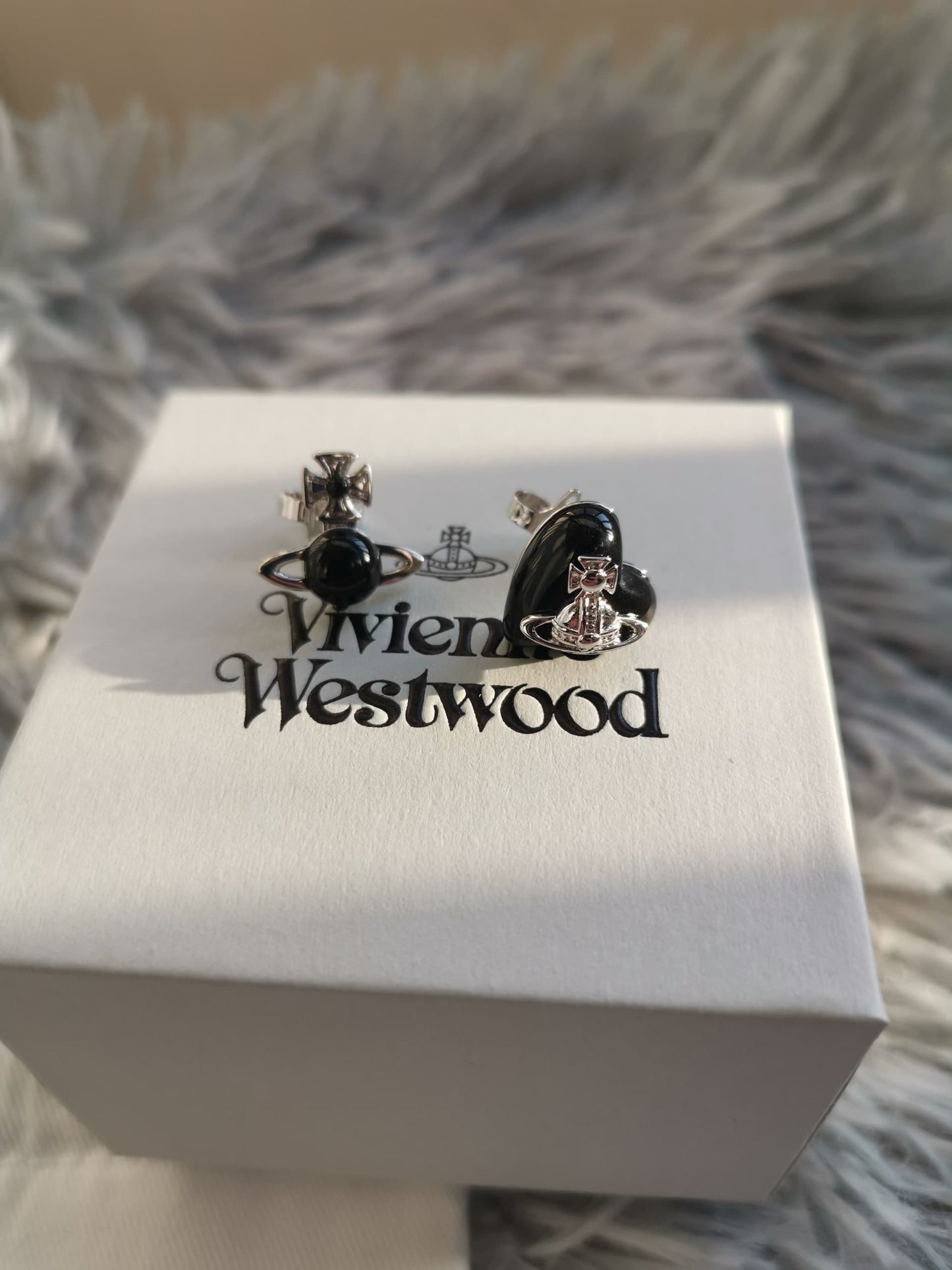 Black and silver heart and orb earrings (with box)