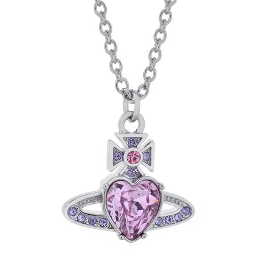 Saturn Heart Pendant Necklace with Zircon Accents