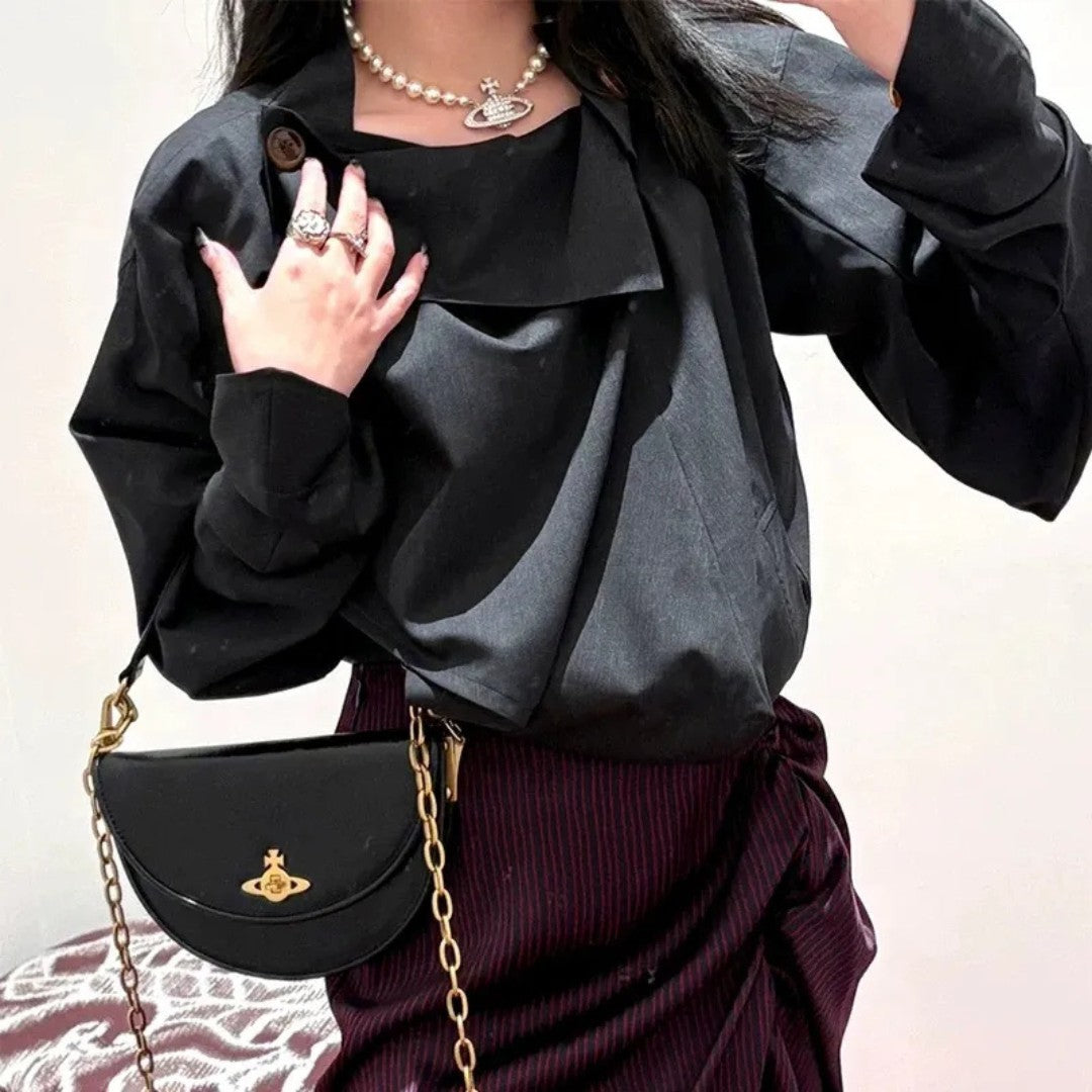 Half-Moon Chain Shoulder Bag with Saturn Emblem