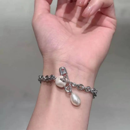 Pearl Drop Safety Pin Chain Bracelet (with Box)
