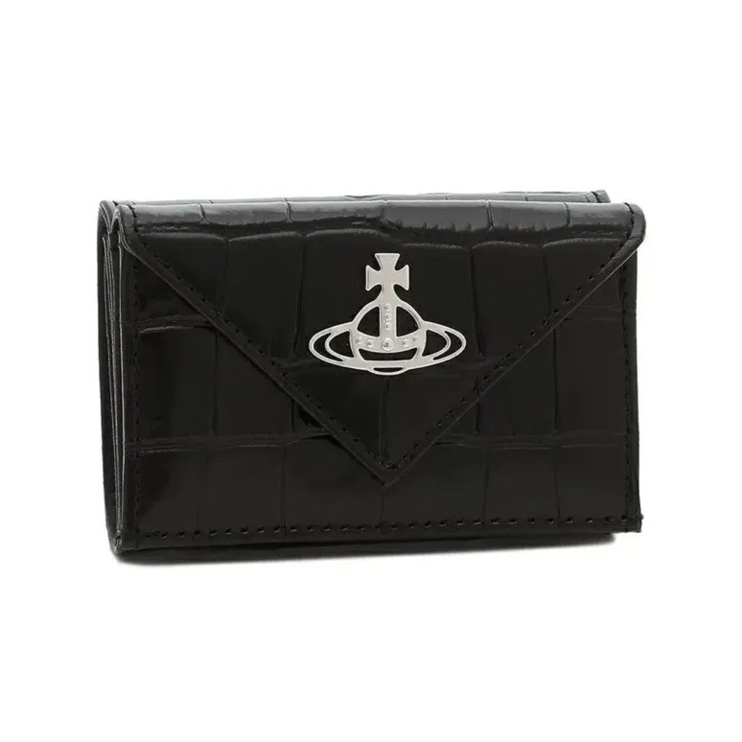 Envelope-Style Mini Leather Wallet with Metallic Emblem