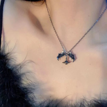 Gothic Bat Wings Saturn Necklace