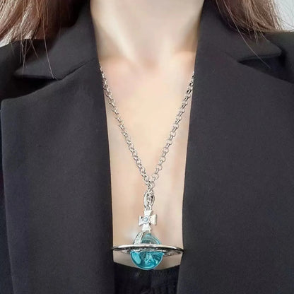 10mm 20mm ORB Classic Saturn Pendant Necklace Silver Glacier Blue